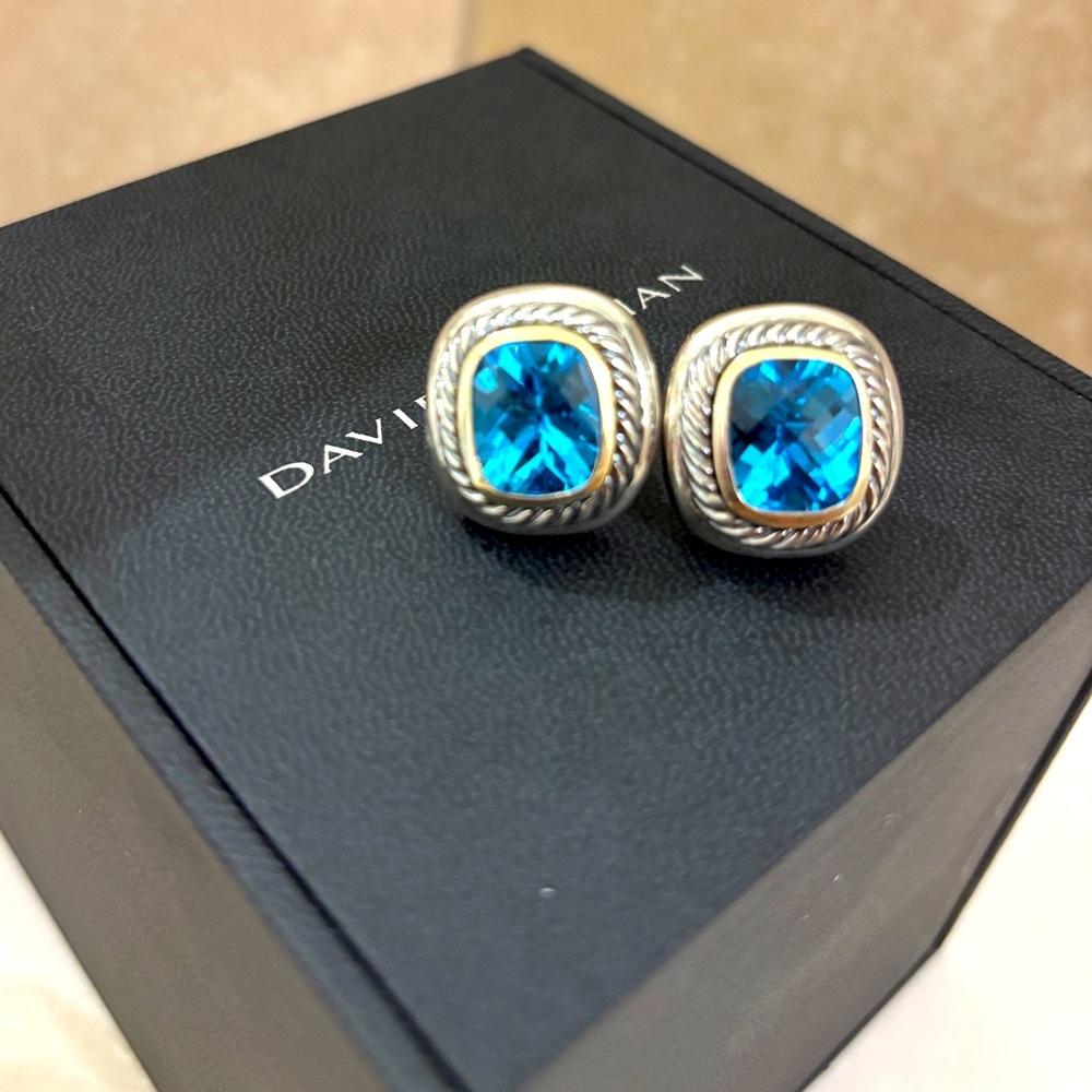 David Yurman Sterling Silver 925 14k Gold Blue Topaz Albion Earrings